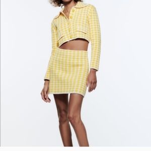 Zara Yellow And White Knit Houndstooth Mini Skirt And Cropped Jacket Size Small